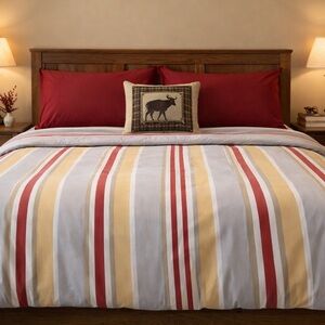 Woolrich Striped Duvet King Bedding Set with Red Accents 100% Cotton